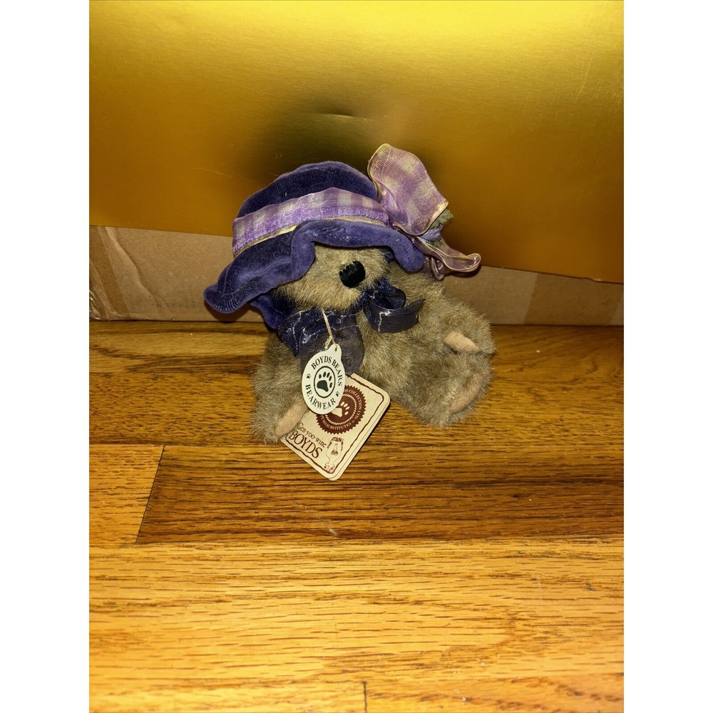 Boyds Bears Bearwear Teddy Bear Brown‎ Purple Velvet Hat Floral Bow New NWT